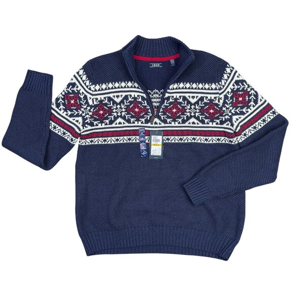 Izod 1/4 Zip Sweater Mens M Nordic Print Mock Collar Navy Blue Holiday Christmas - Picture 8 of 11